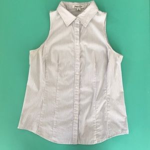 Sleeveless, pinstriped, button-up collared shirt